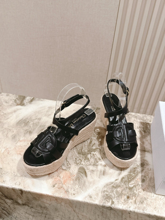CD D-Club Wedge Sandal 85mm Black Calfskin 483082