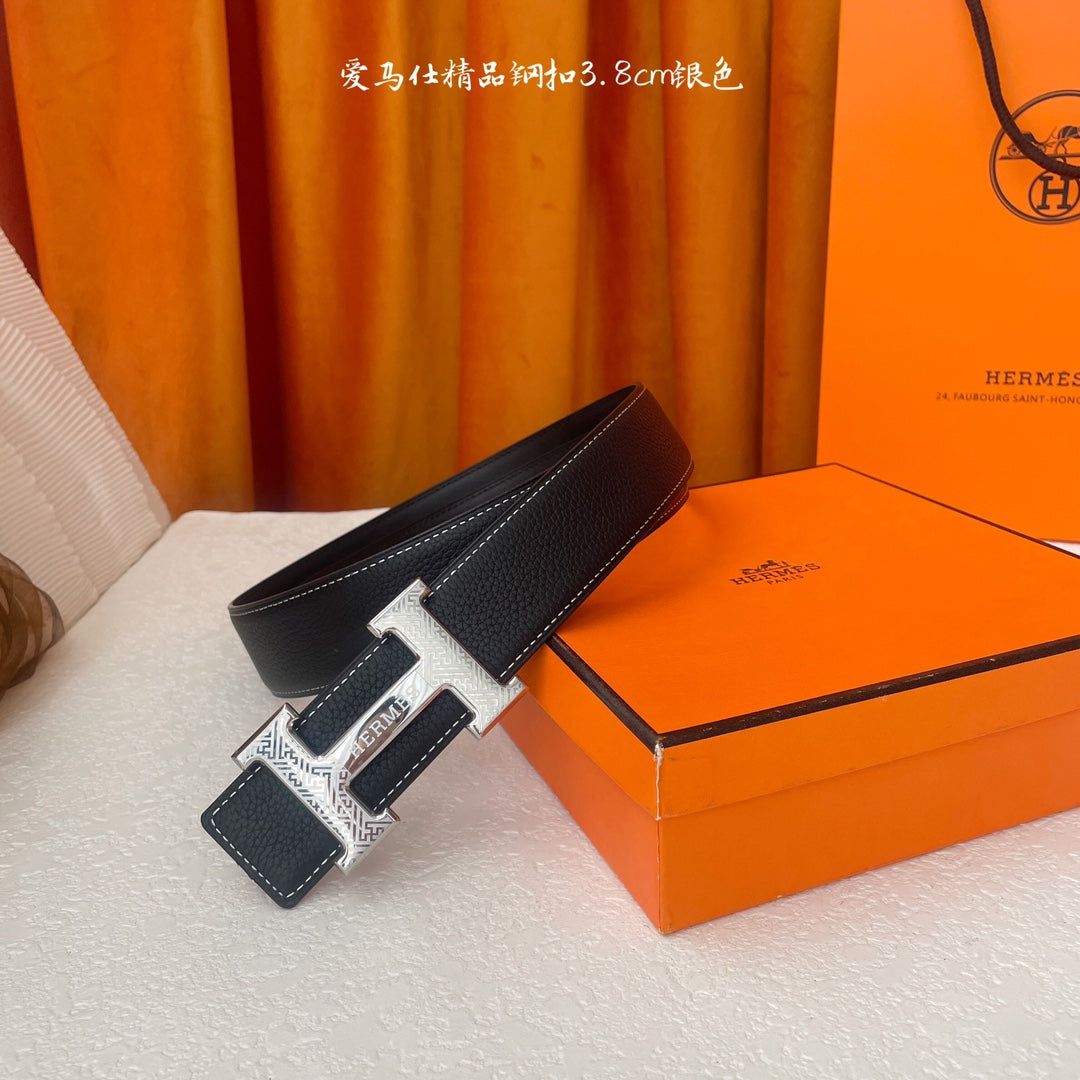 HM Silver Buckle H Belt 38mm Black Calfskin 187186