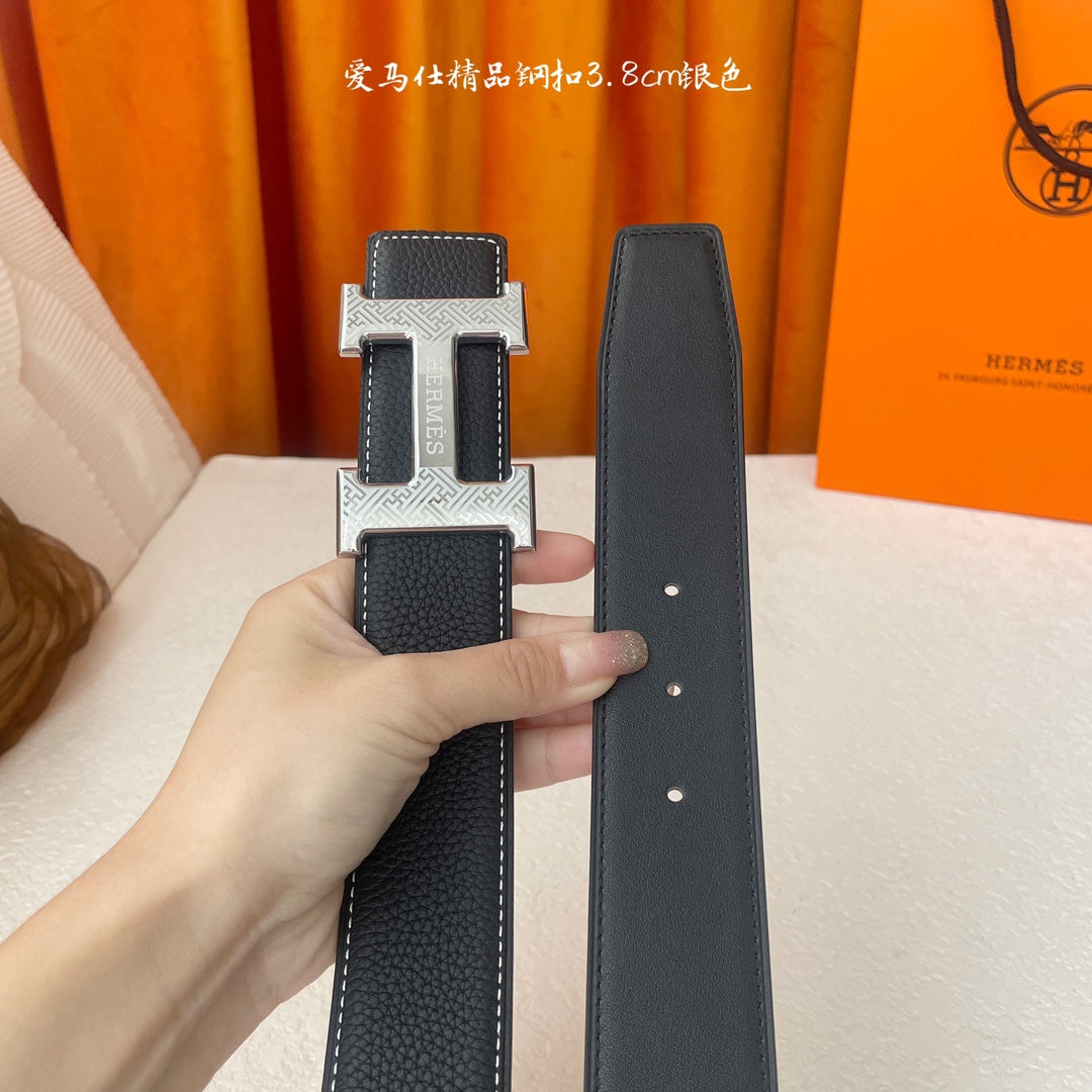 HM Silver Buckle H Belt 38mm Black Calfskin 187186