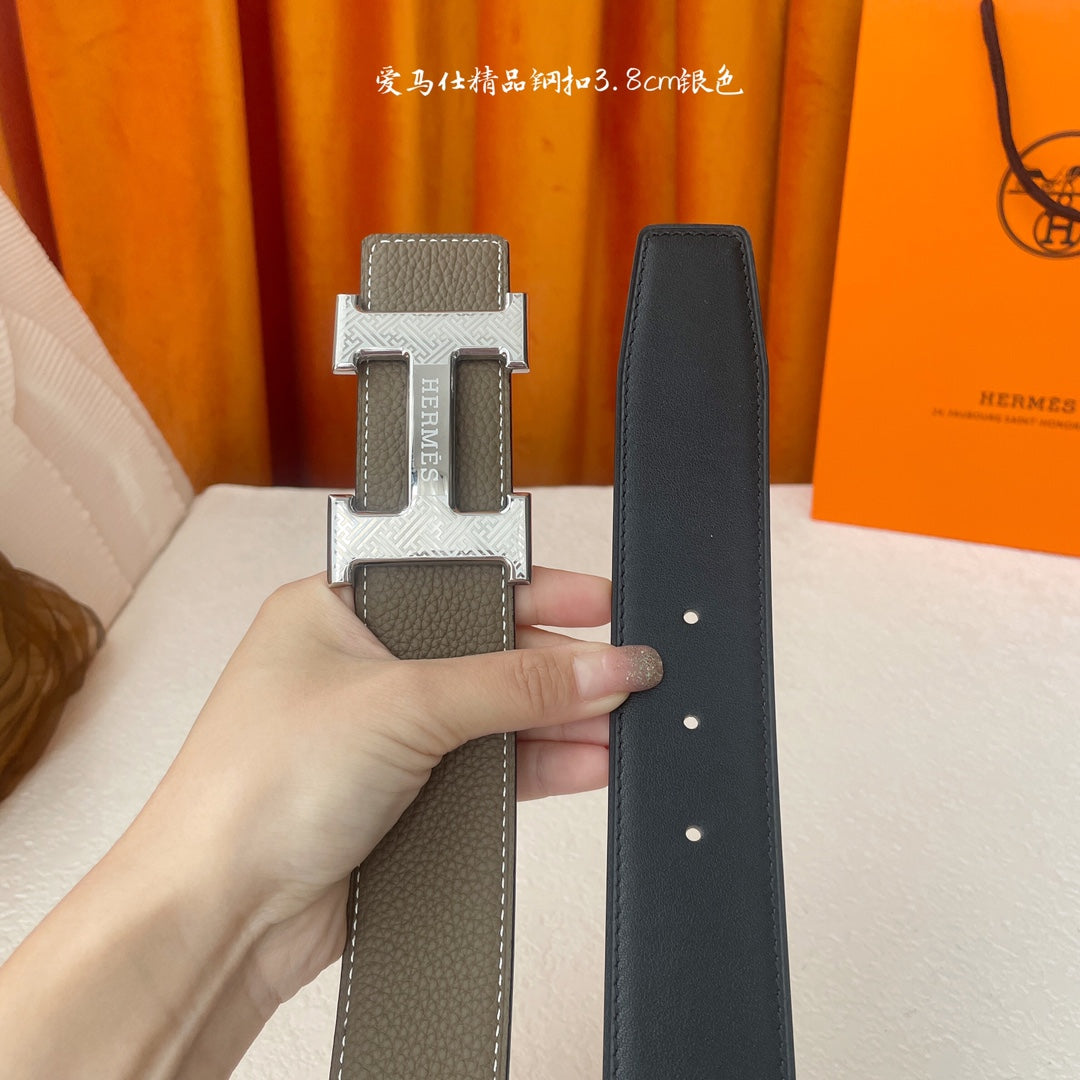 HM Silver Buckle H Belt 38mm Etoupe Calfskin 187184