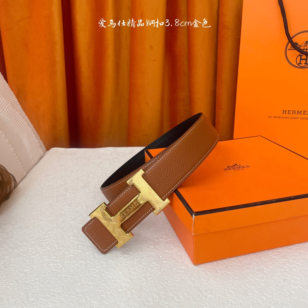 HM Gold Buckle H Belt 38mm Brown Calfskin 187183