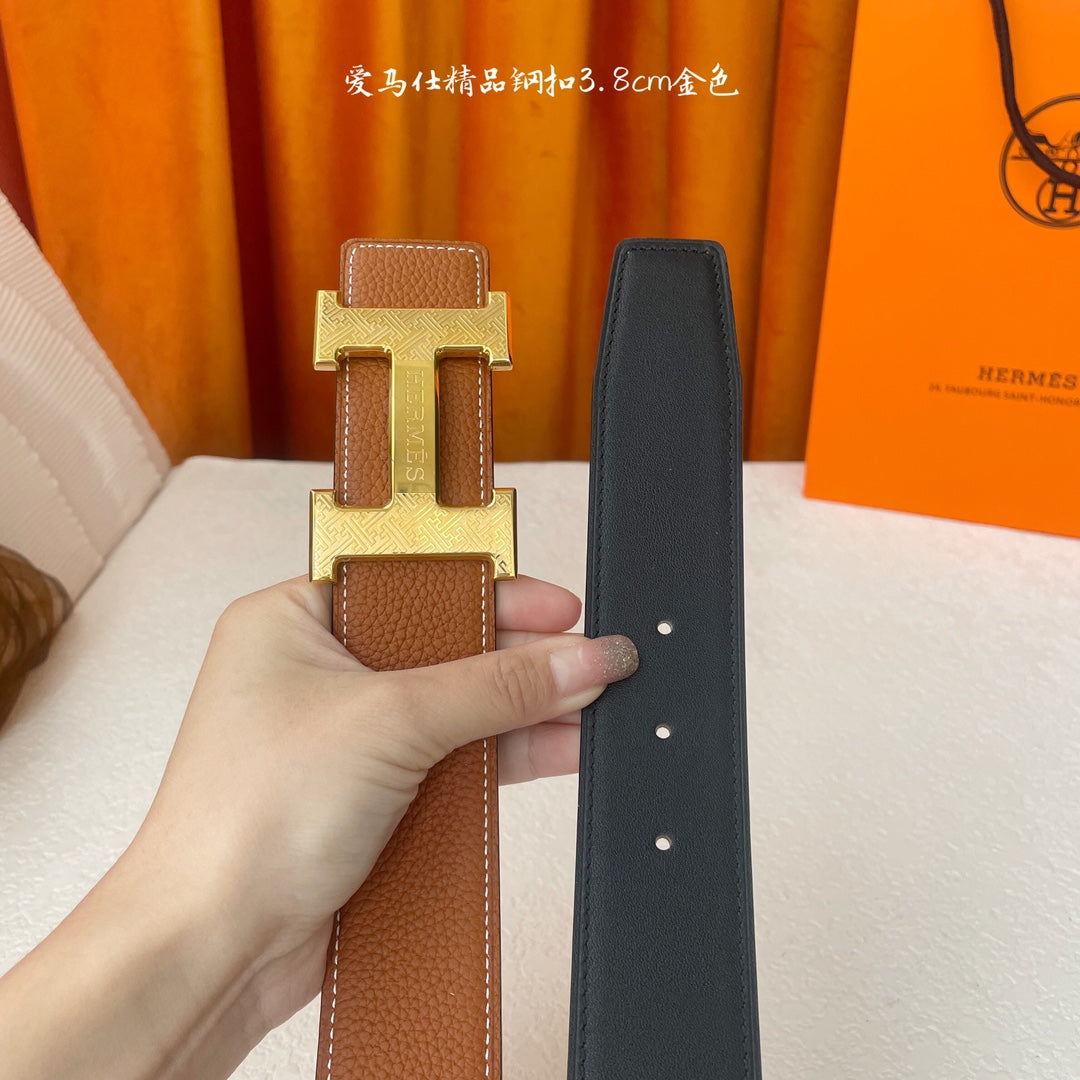 HM Gold Buckle H Belt 38mm Brown Calfskin 187183