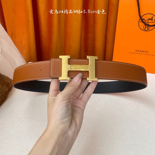 HM Gold Buckle H Belt 38mm Brown Calfskin 187183