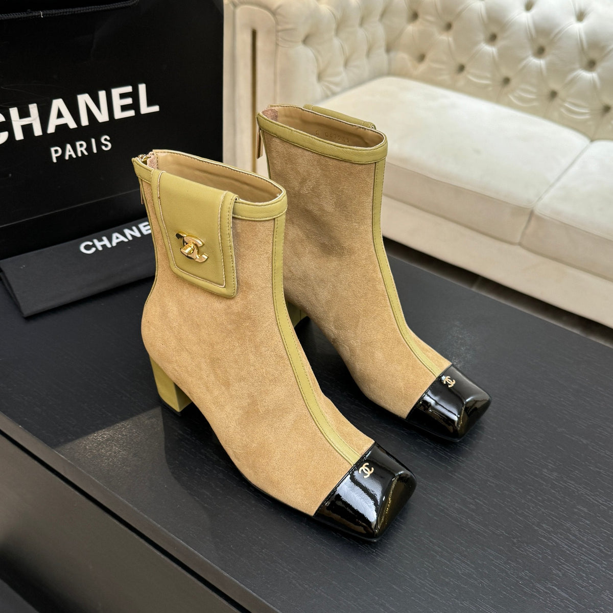 CC 26s Ankle Boots With Pocket Beige Green Suede Lambskin 958073