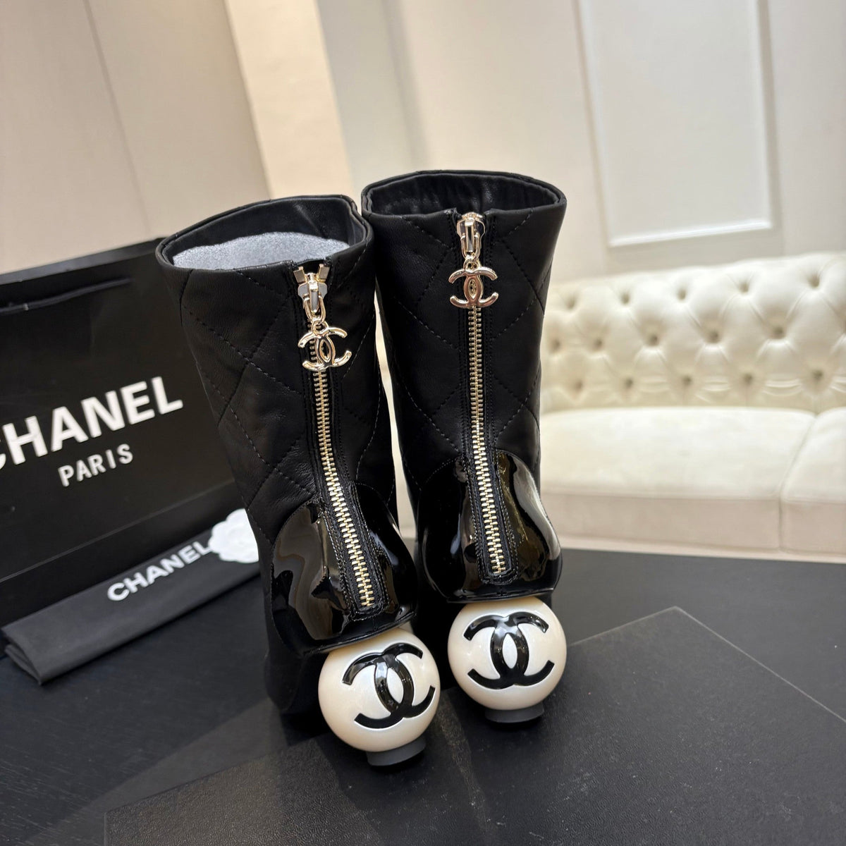 CC 26s Mid-Calf Pearl Boots Black Quited Calfskin 957731