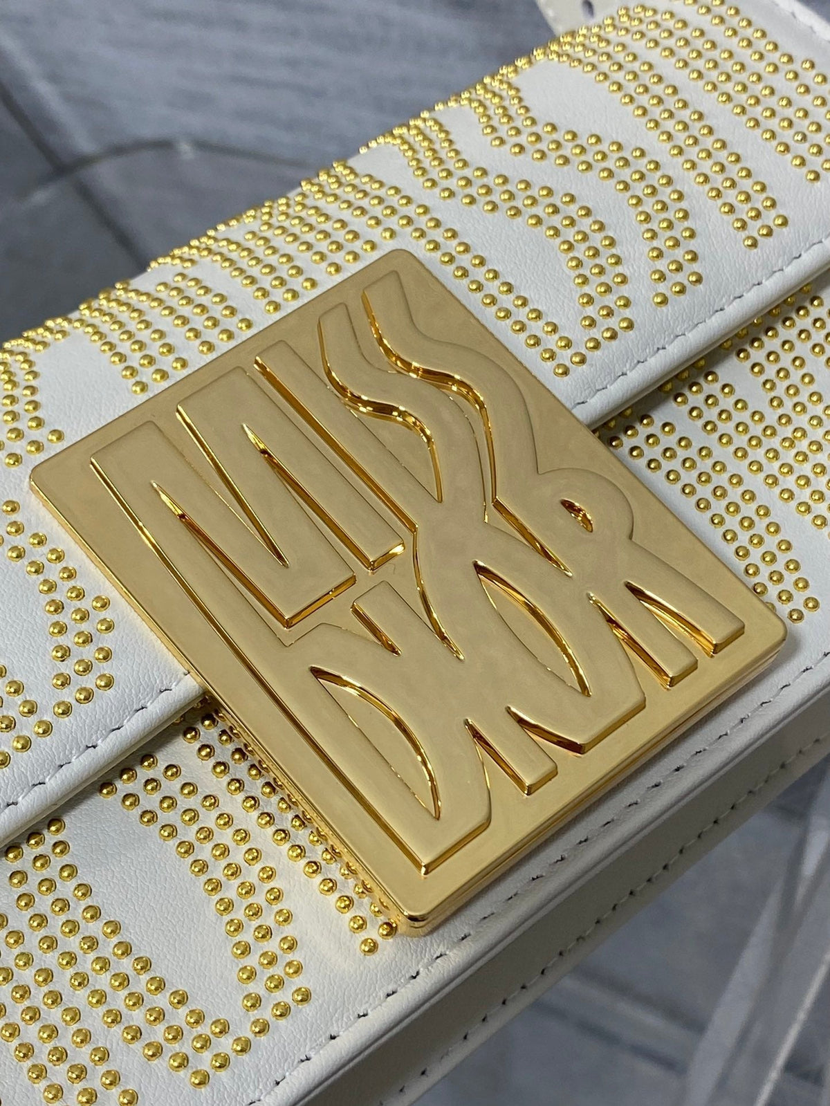 MINI 18 FLAP BAG IN WHITE LAMBSKIN WITH GOLD RHINSTONES