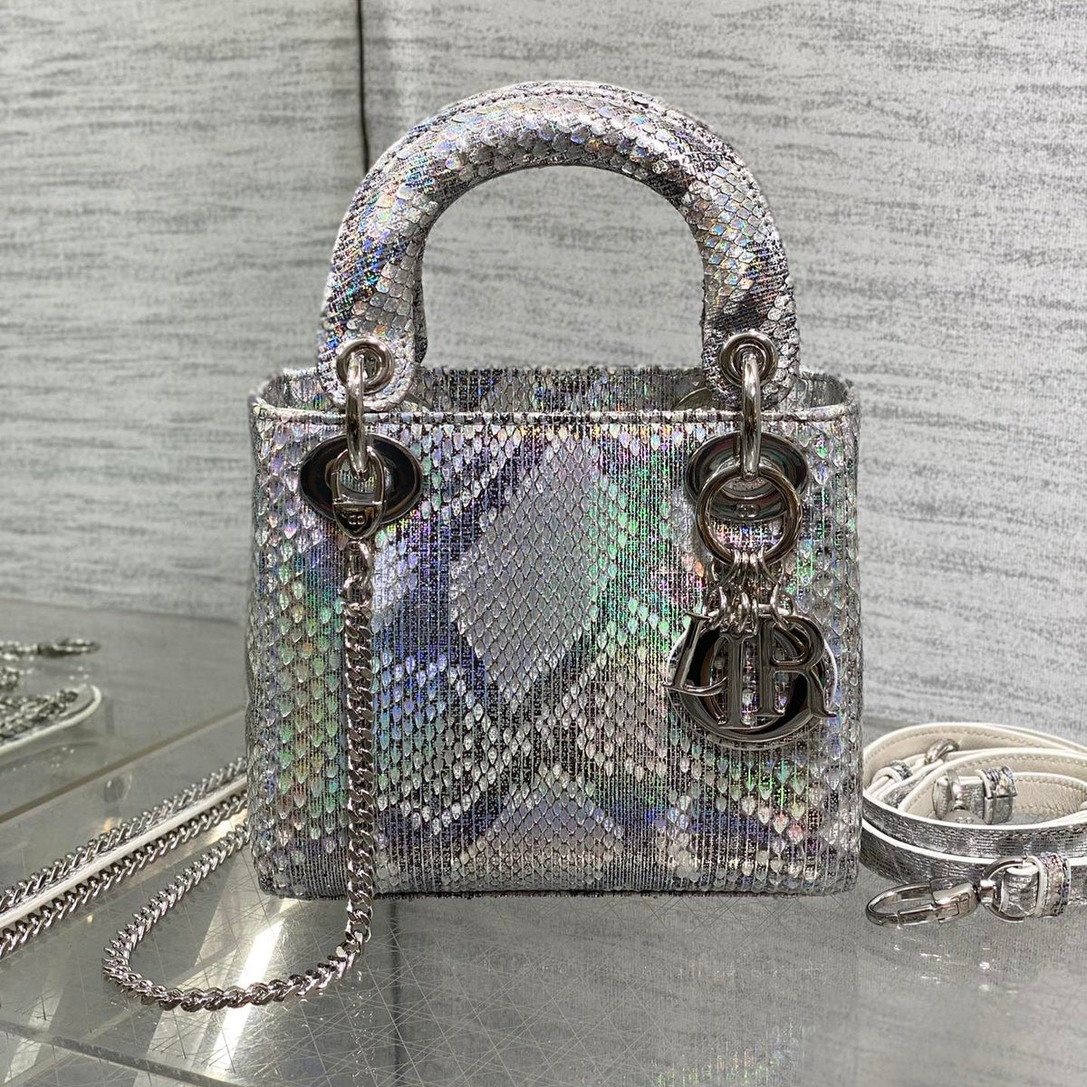 MINI 17 LADY BAG IN SILVER SNAKESKIN PATTERN LAMBSKIN
