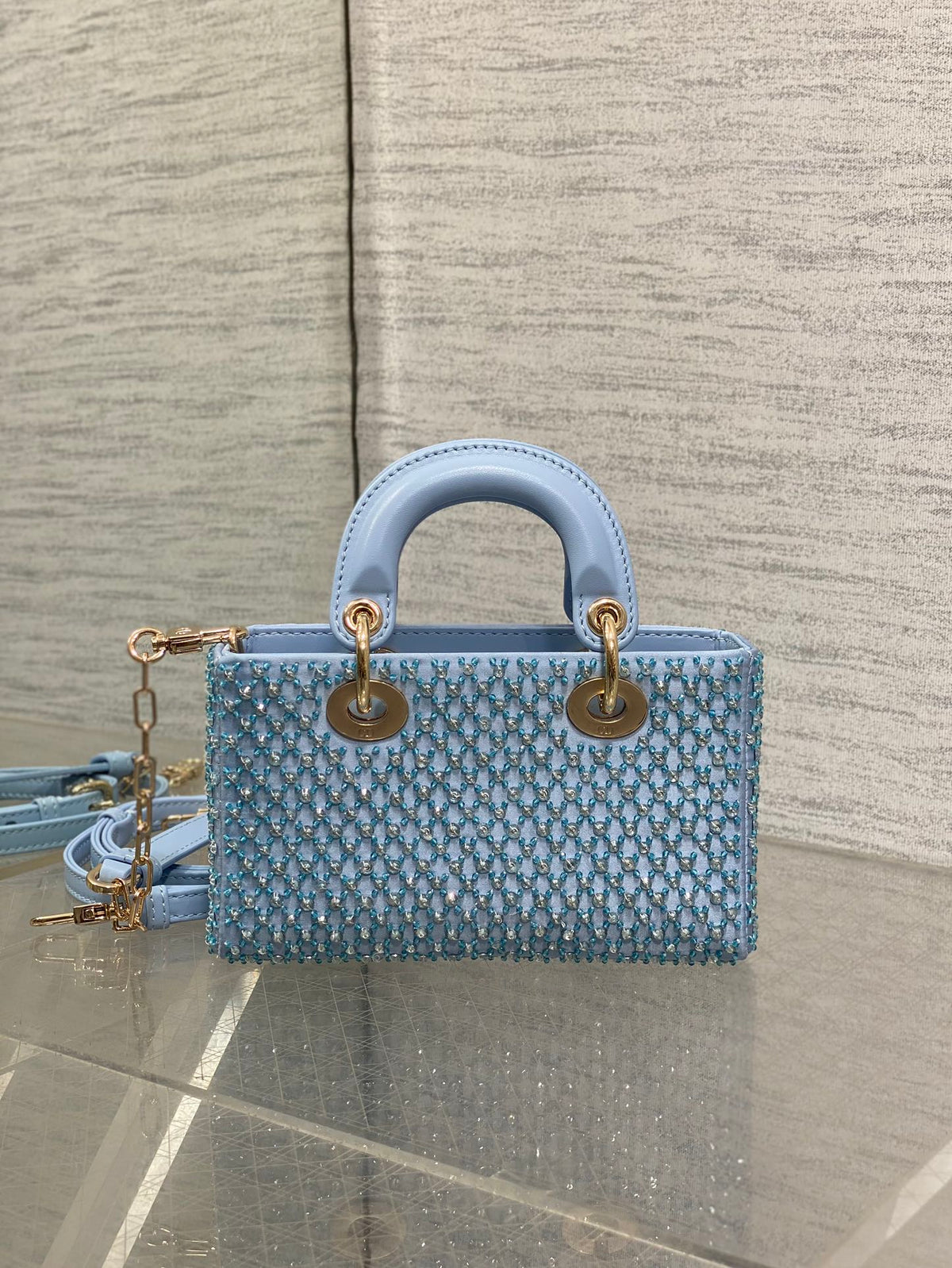 SMALL 16 LADY D-JOY BAG IN POWDER BLUE CANNAGE LAMBSKIN WITH EMBROIDERED BEADWORK BEADWORK