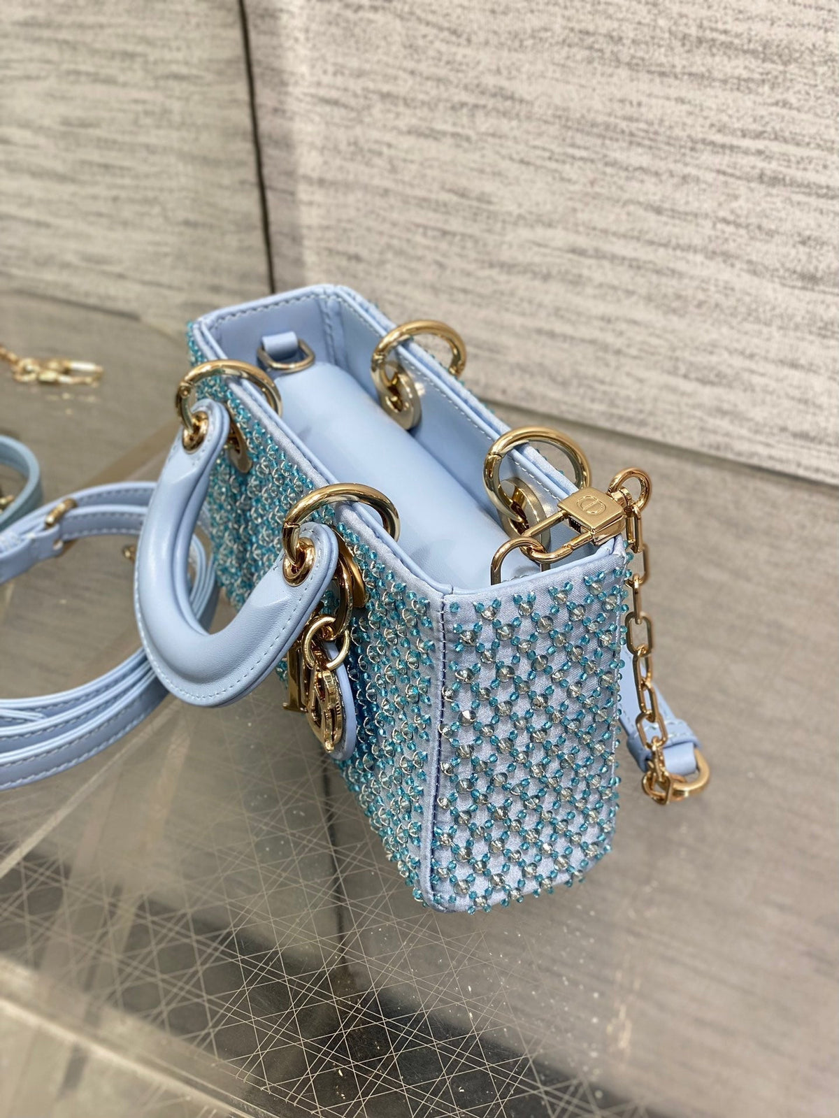 SMALL 16 LADY D-JOY BAG IN POWDER BLUE CANNAGE LAMBSKIN WITH EMBROIDERED BEADWORK BEADWORK
