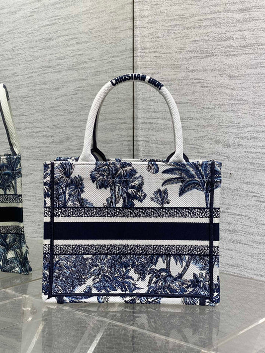 CD Small Dior Book Tote Tropical Pattern Slate Blue White Black Cotton