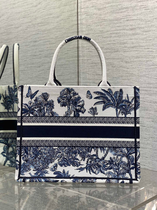 CD Medium Dior Book Tote Tropical Pattern Slate Blue White Black Cotton