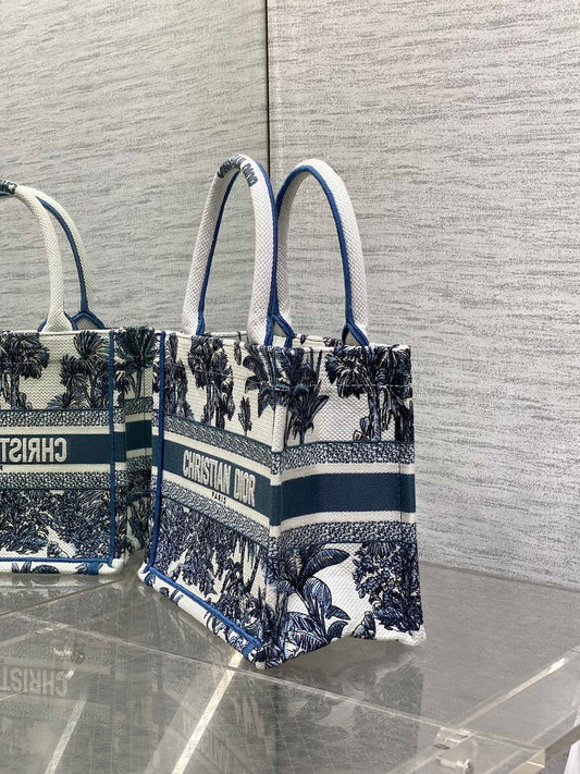 CD Small Dior Book Tote Tropical Pattern Slate Blue White Cotton