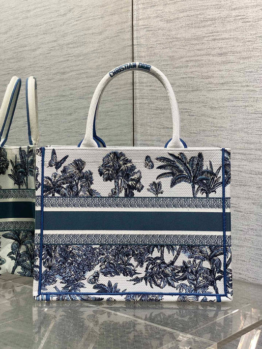 CD Medium Dior Book Tote Tropical Pattern Slate Blue White Cotton