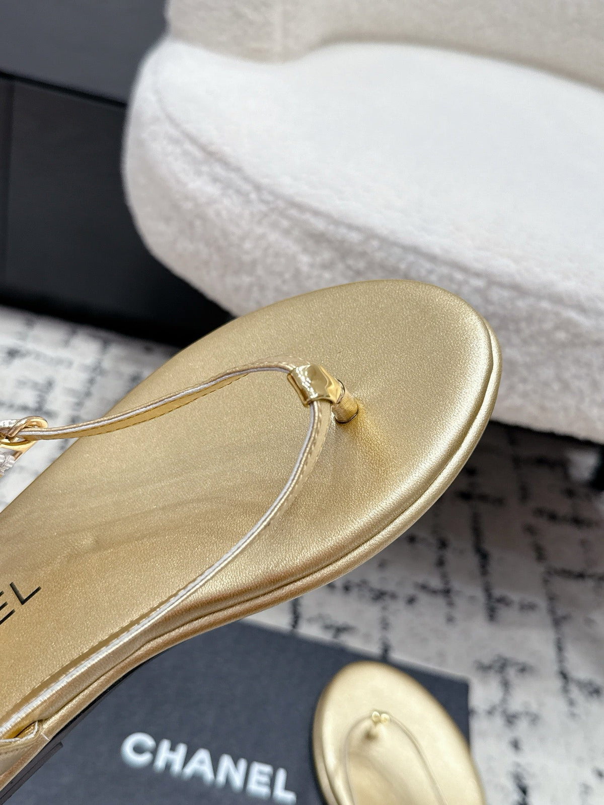 Chanel 26S Thong Sandals In Gold Calfskin With Gold Hardware