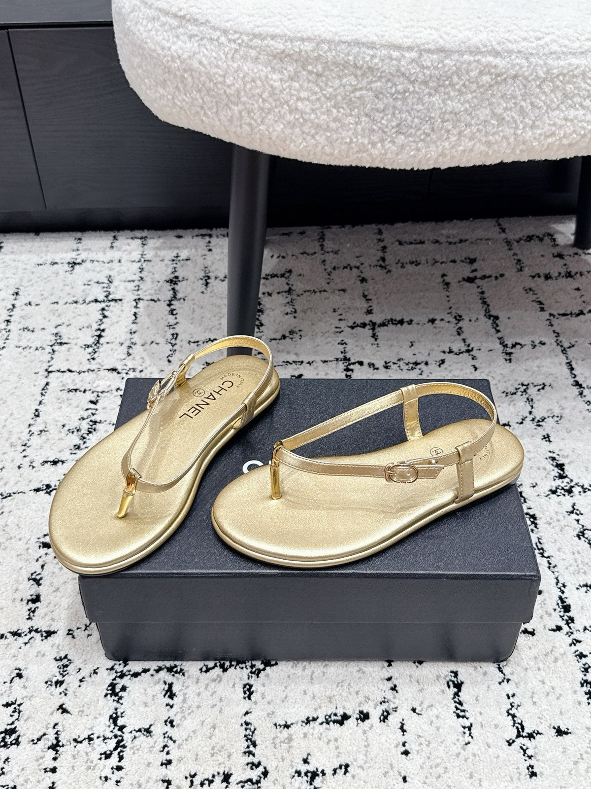 Chanel 26S Thong Sandals In Gold Calfskin With Gold Hardware