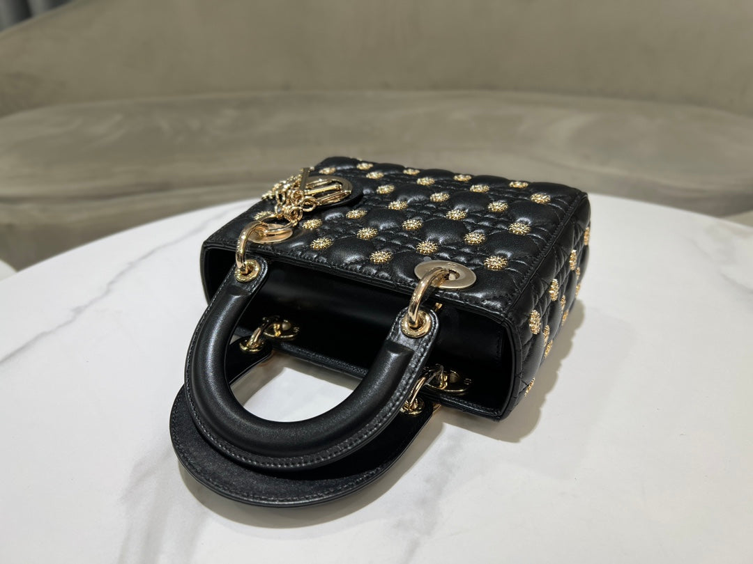 CD Lady Dior Black Cannage Lambskin with Gold-Finish Butterfly Studs