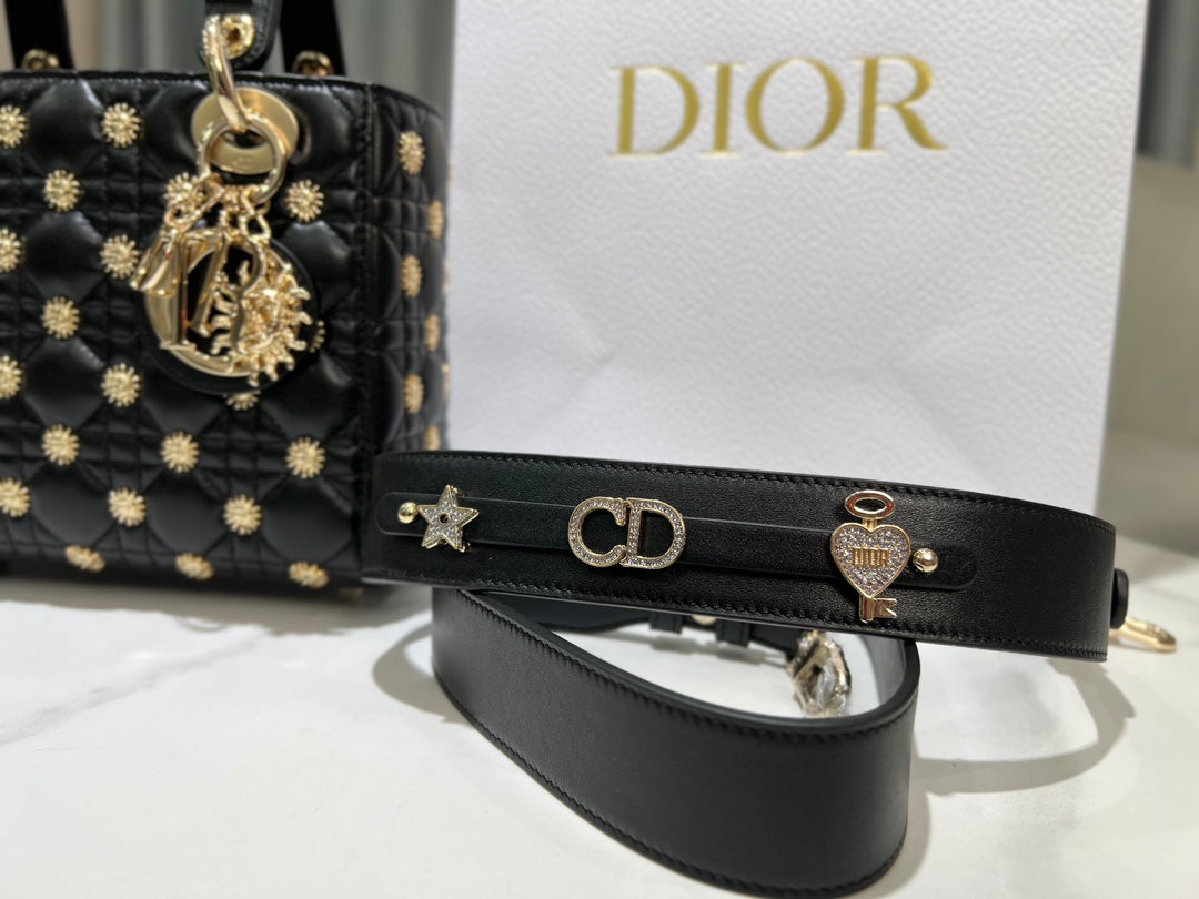 CD Lady Dior Black Cannage Lambskin with Gold-Finish Butterfly Studs