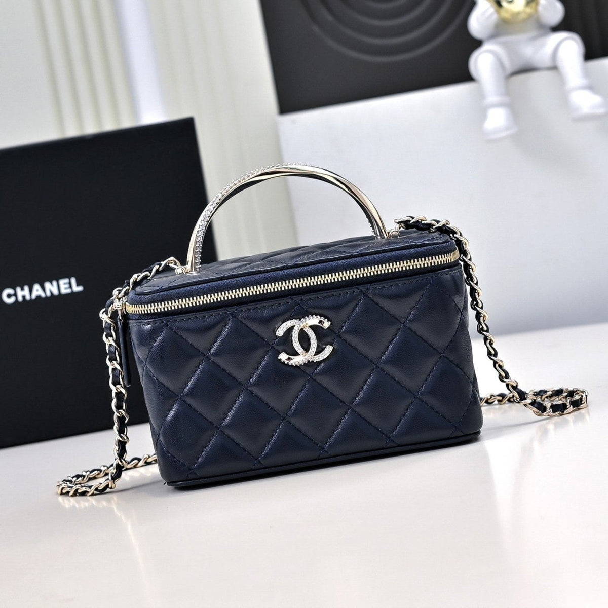 CC 24K Vanity Top Handle 17cm Blue Lambskin Silver Hardware