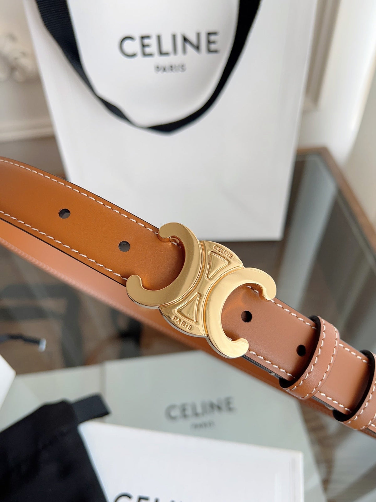 TRIOMPHE BELT 24MM IN BRONZE BROWN CALFSKIN WITH GOLD BUCKLE