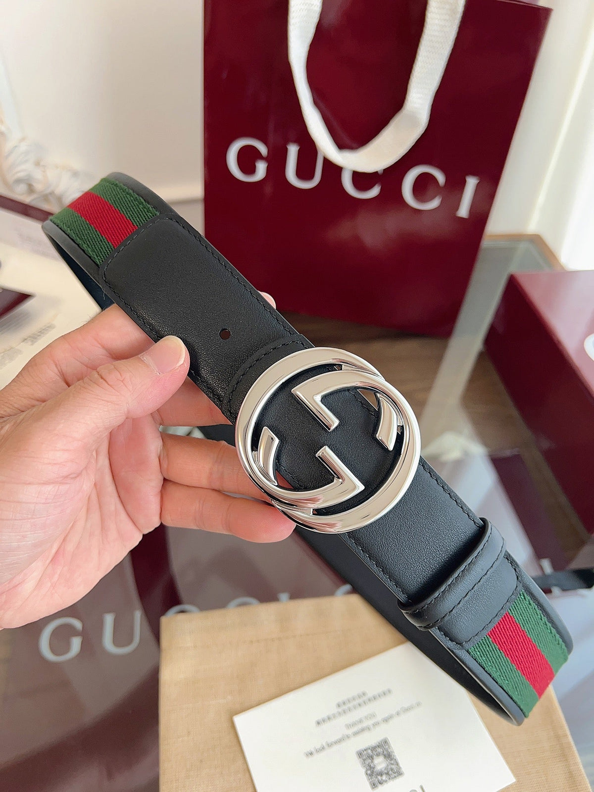 Gucci Supreme Belt Sliver Buckle 40mm Black Leather With Green Red Canvas