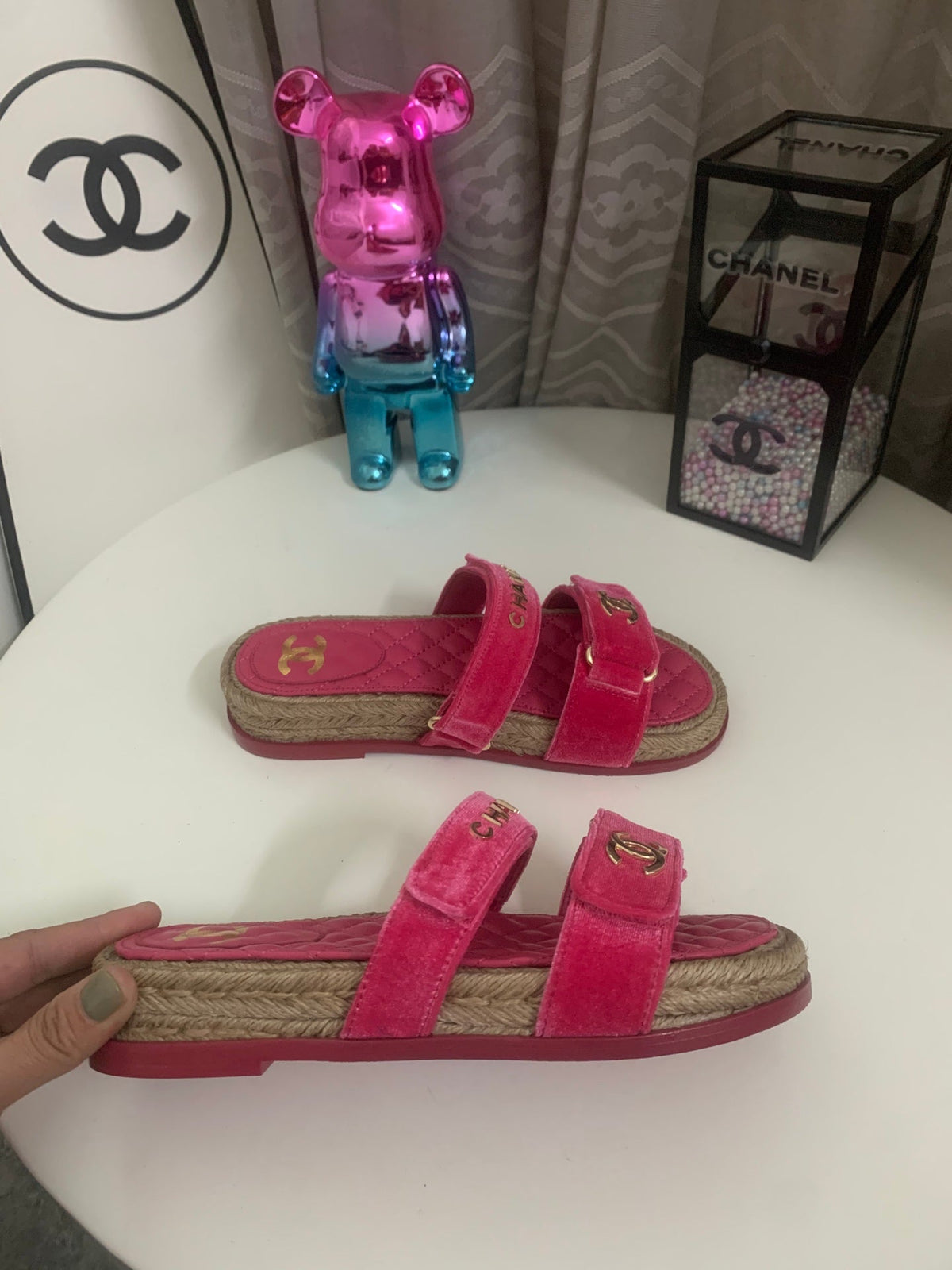 CC 26s Hemp Rope Platform Sandals Hot Pink Quited Sheepskin Velvet 862300