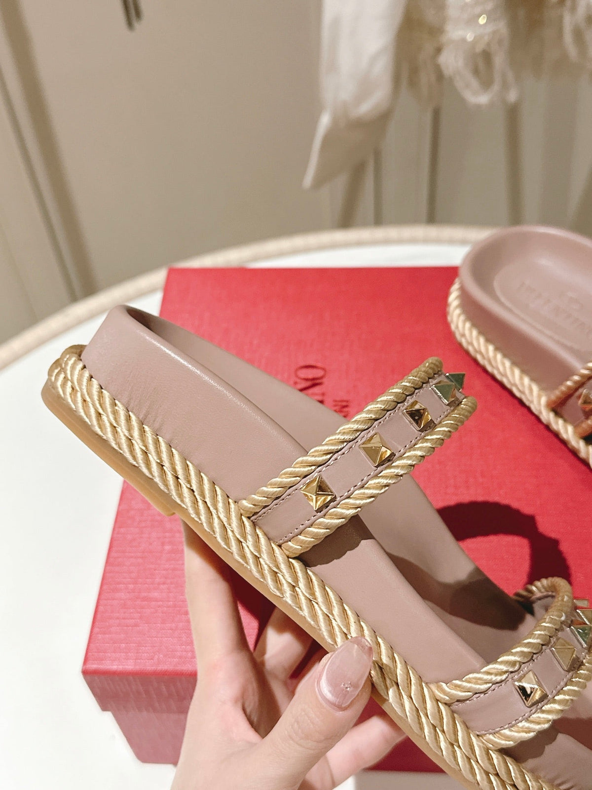 VT Rockstud Sandals Pink Nude Espadrilles Cowhide 328129