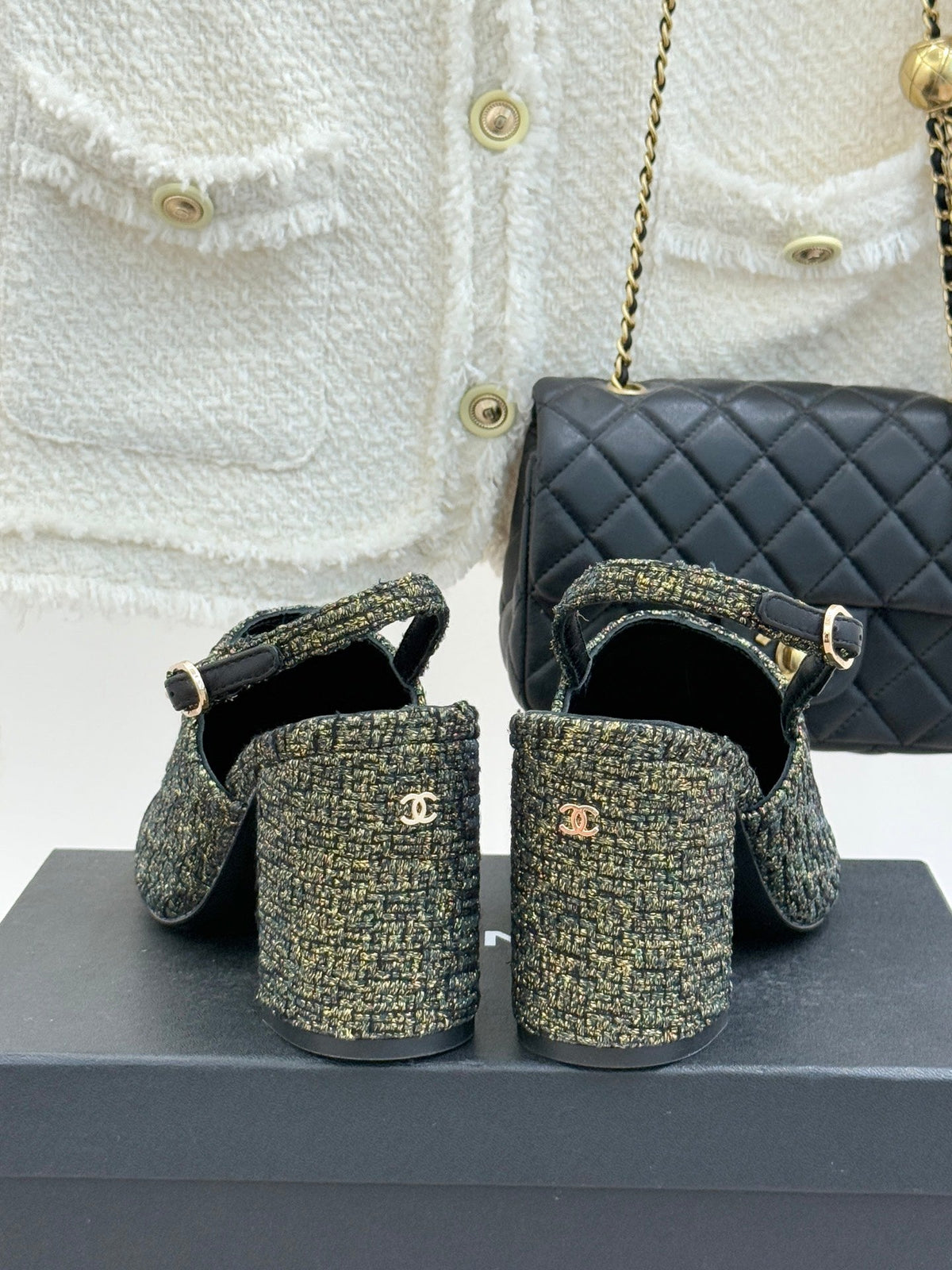 CC 26 Slingback Gold mix Black Tweed Grosgrain 609989