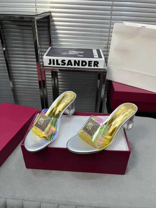 Heeled Sandals 6cm with Crystal Square Buckle Gold and Silver