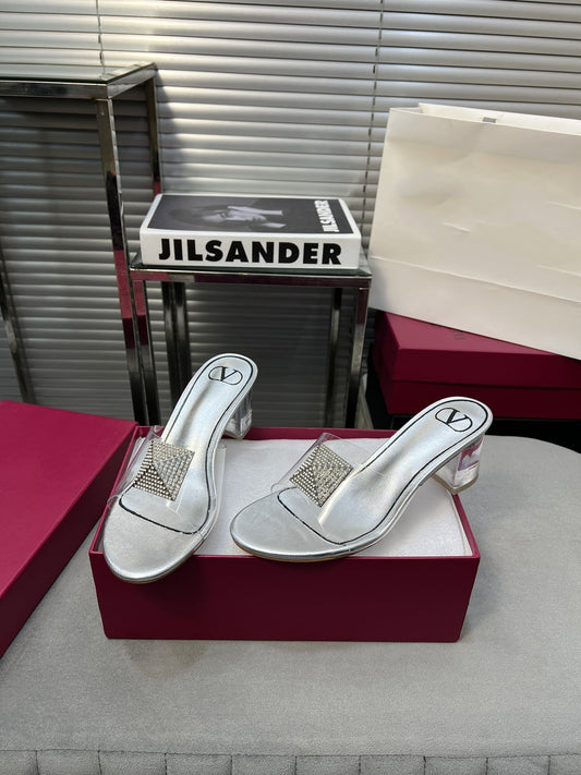 Heeled Sandals 6cm with Crystal Square Buckle Silver