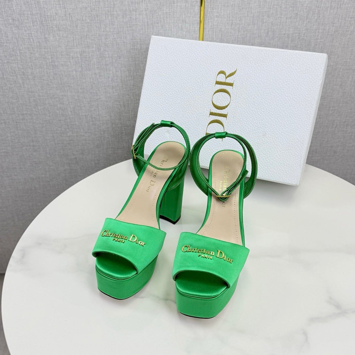 CD 26s Platform Sandals 80 Green Satin Sheepskin 640228
