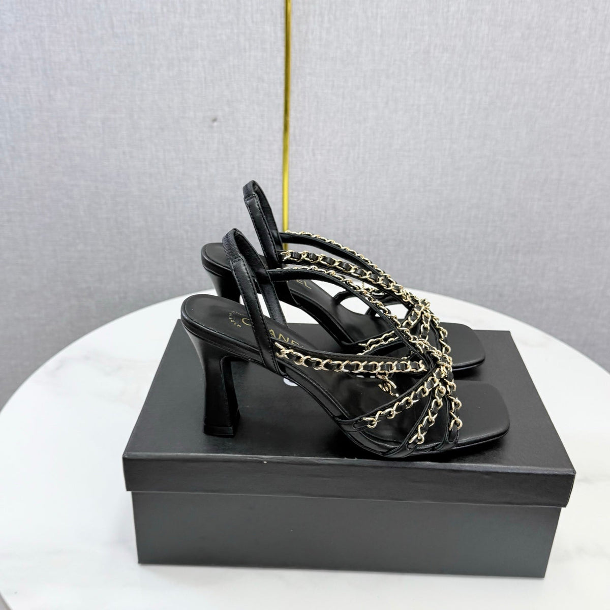 CC 26s Chain Strap High Heels 8cm Black Lambskin