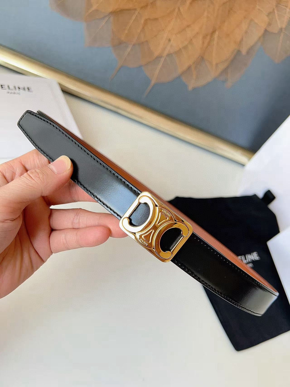 CELINE 26S BELT 25 MM IN BLACK AND BROWN CALFSKIN 636401