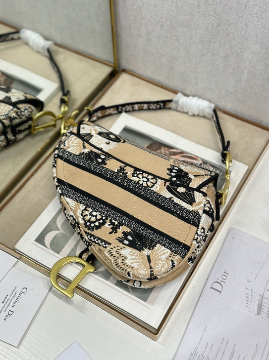 CD Saddle Bag 25.5cm Black Beige Butterfly Embroidery Canvas