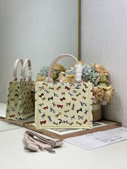 Dior 2026 Dioriviera Book Tote Bow Motif Ivory Pink Embroidery Canvas 289513
