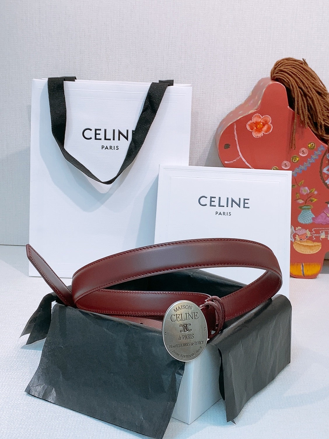 CELINE 26S BELT 25 MM IN BURGUNDY CALFSKIN 653082