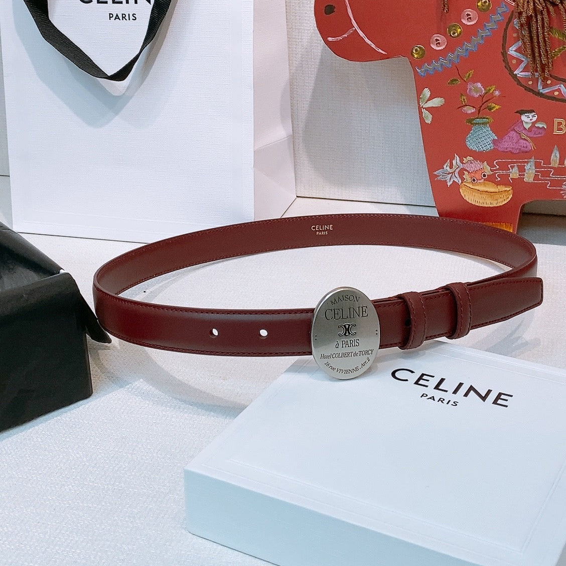 CELINE 26S BELT 25 MM IN BURGUNDY CALFSKIN 653082