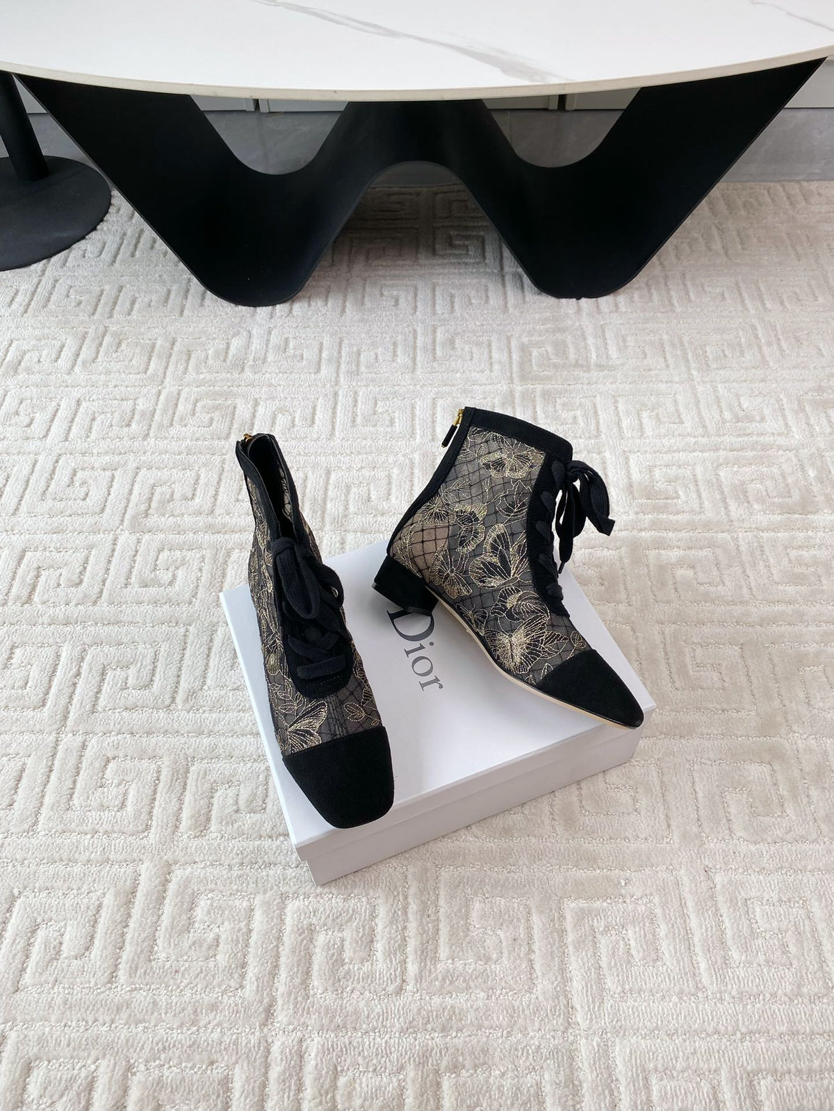 CD Naughtily-D Heeled Ankle Boot Black Transparent Mesh Butterfly And Suede