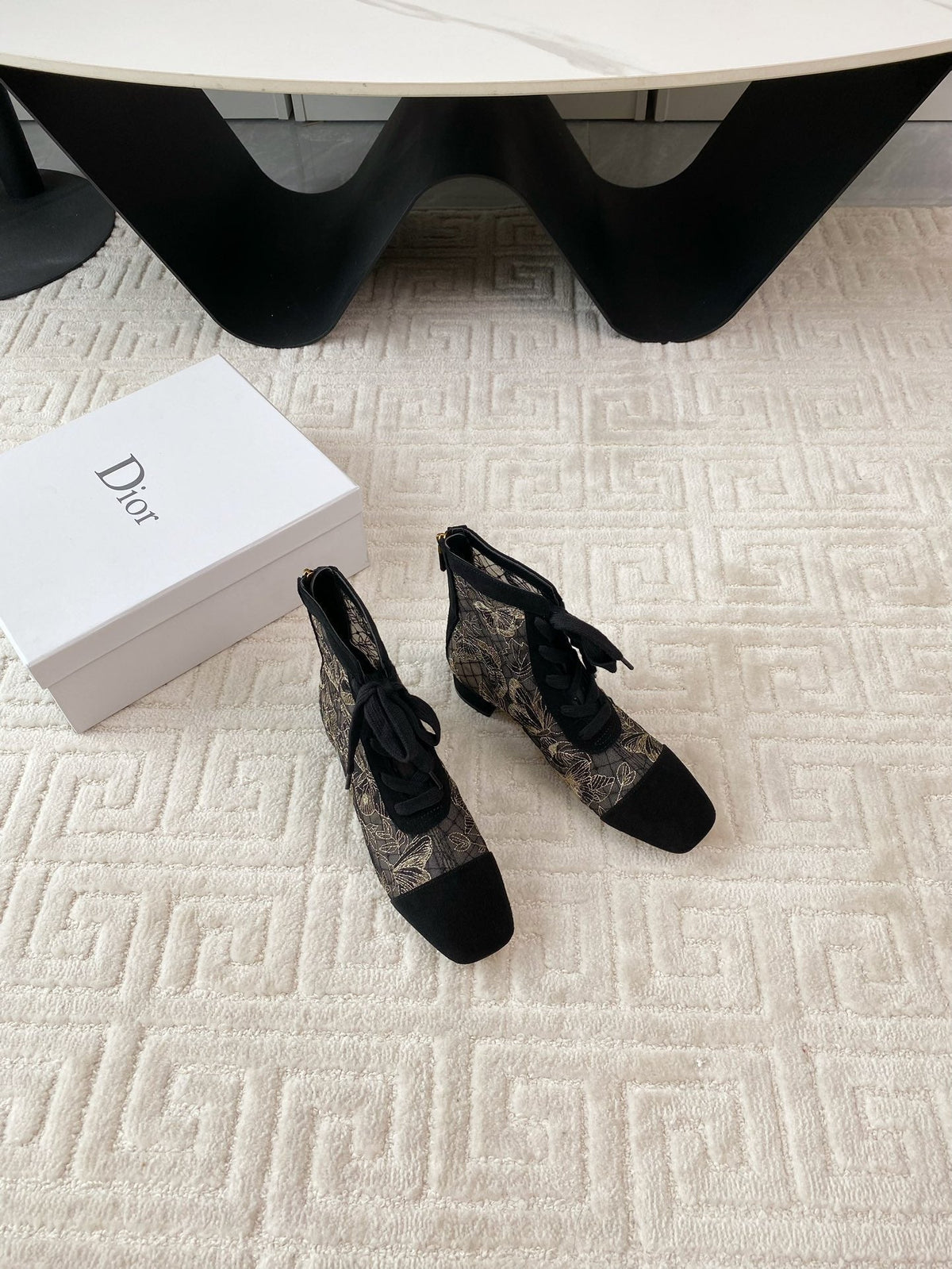 CD Naughtily-D Heeled Ankle Boot Black Transparent Mesh Butterfly And Suede