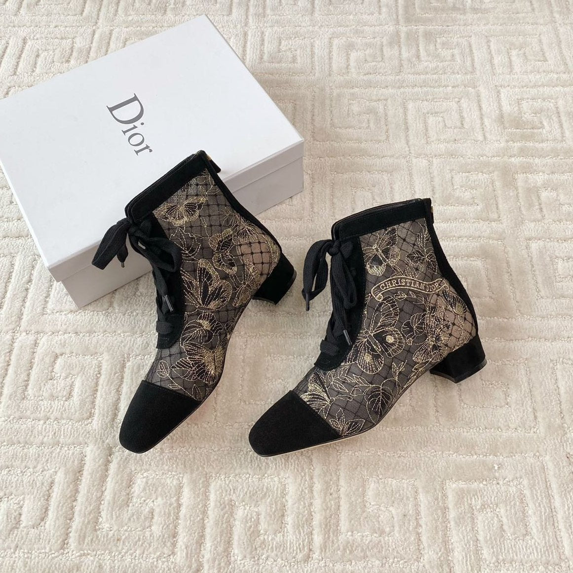 CD Naughtily-D Heeled Ankle Boot Black Transparent Mesh Butterfly And Suede