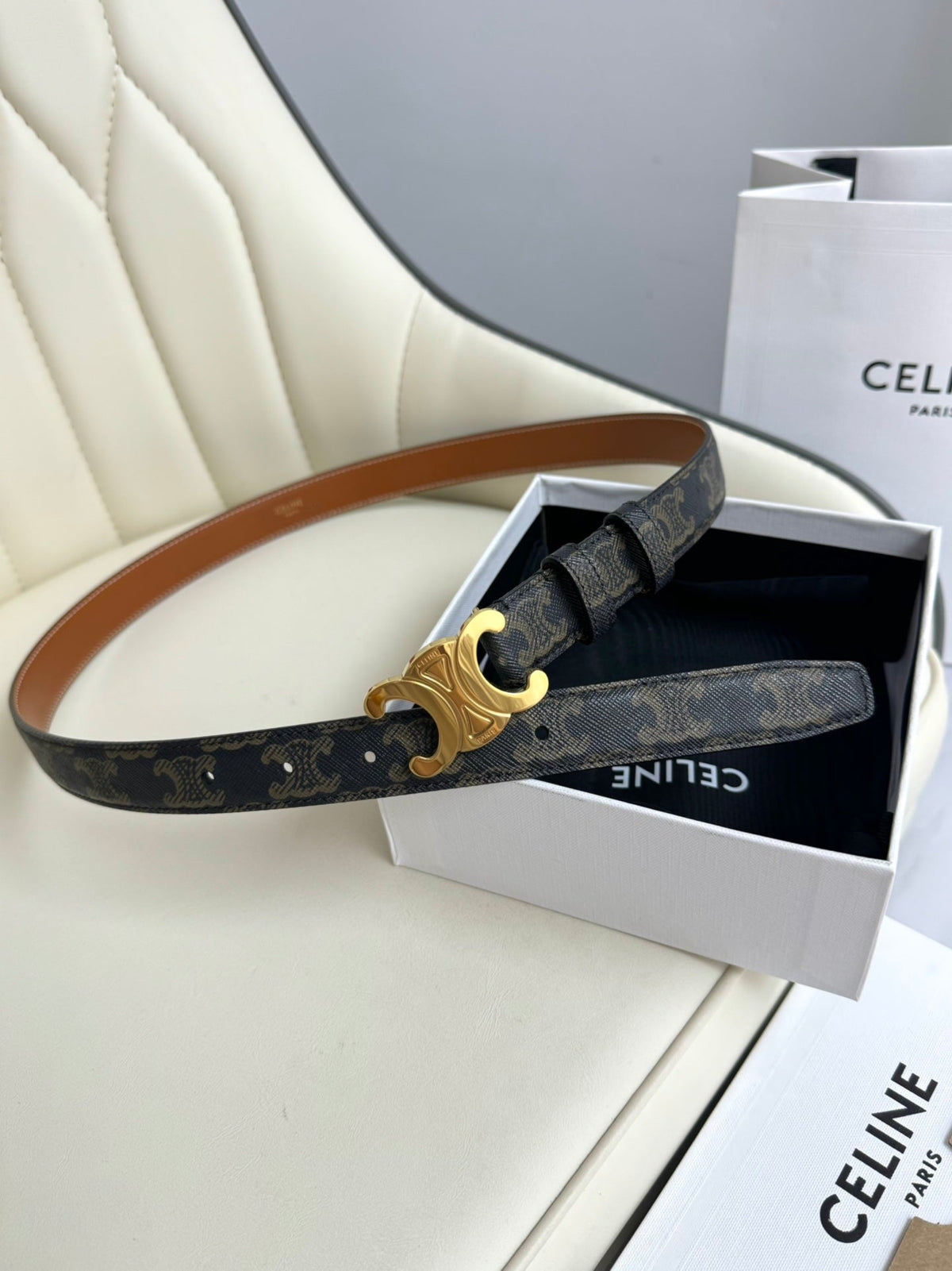 CEL Gold 25mm Triomphe Belt Blue Canvas 180417