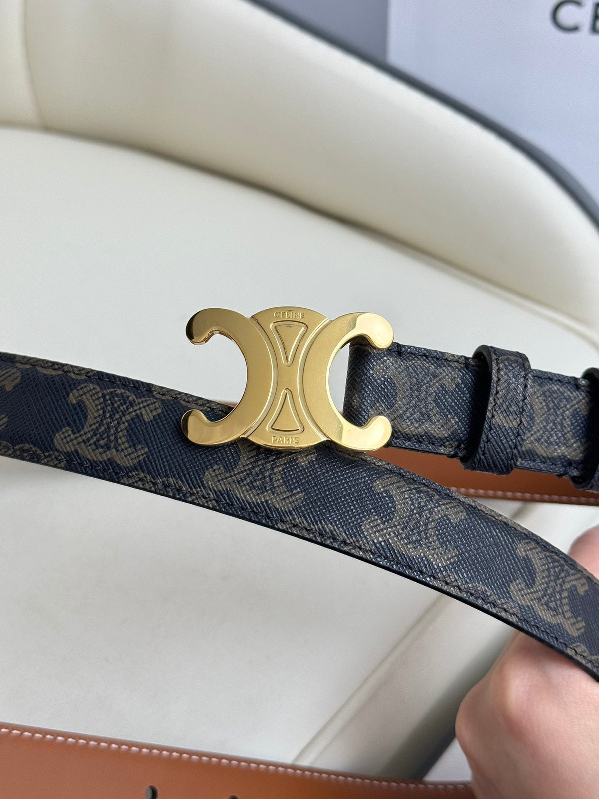 CEL Gold 25mm Triomphe Belt Blue Canvas 180417