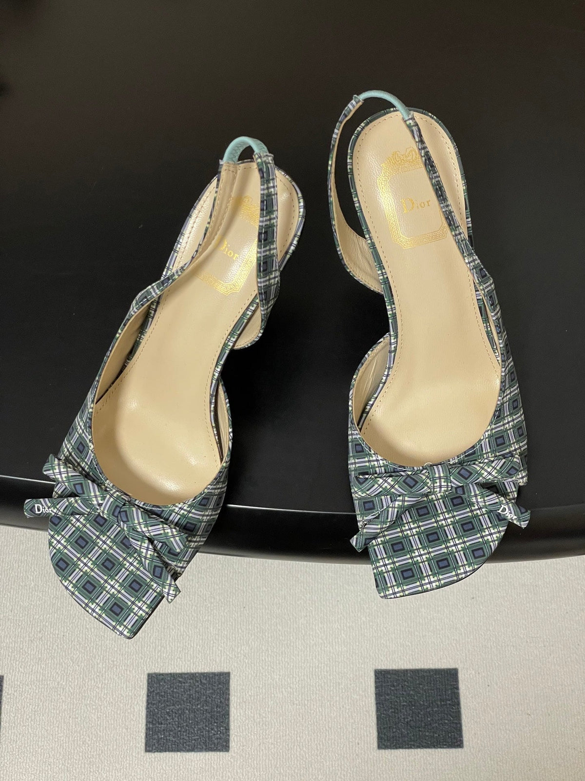 CD 26 Slingback 85 Black Green Blue Leather Silk Fabric 593602