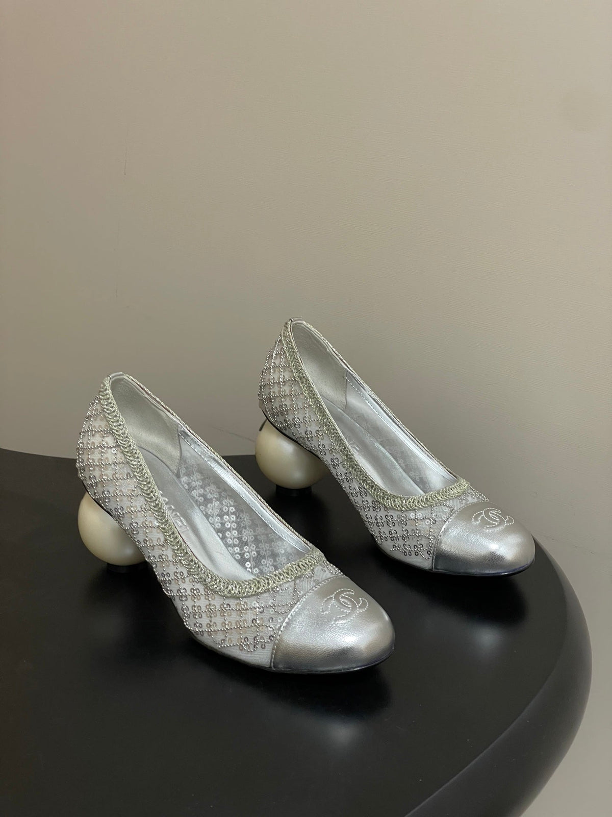 CC 26 Beaded Sequin Pump With Double C Pearl Heel Silver Mesh Leather 593160