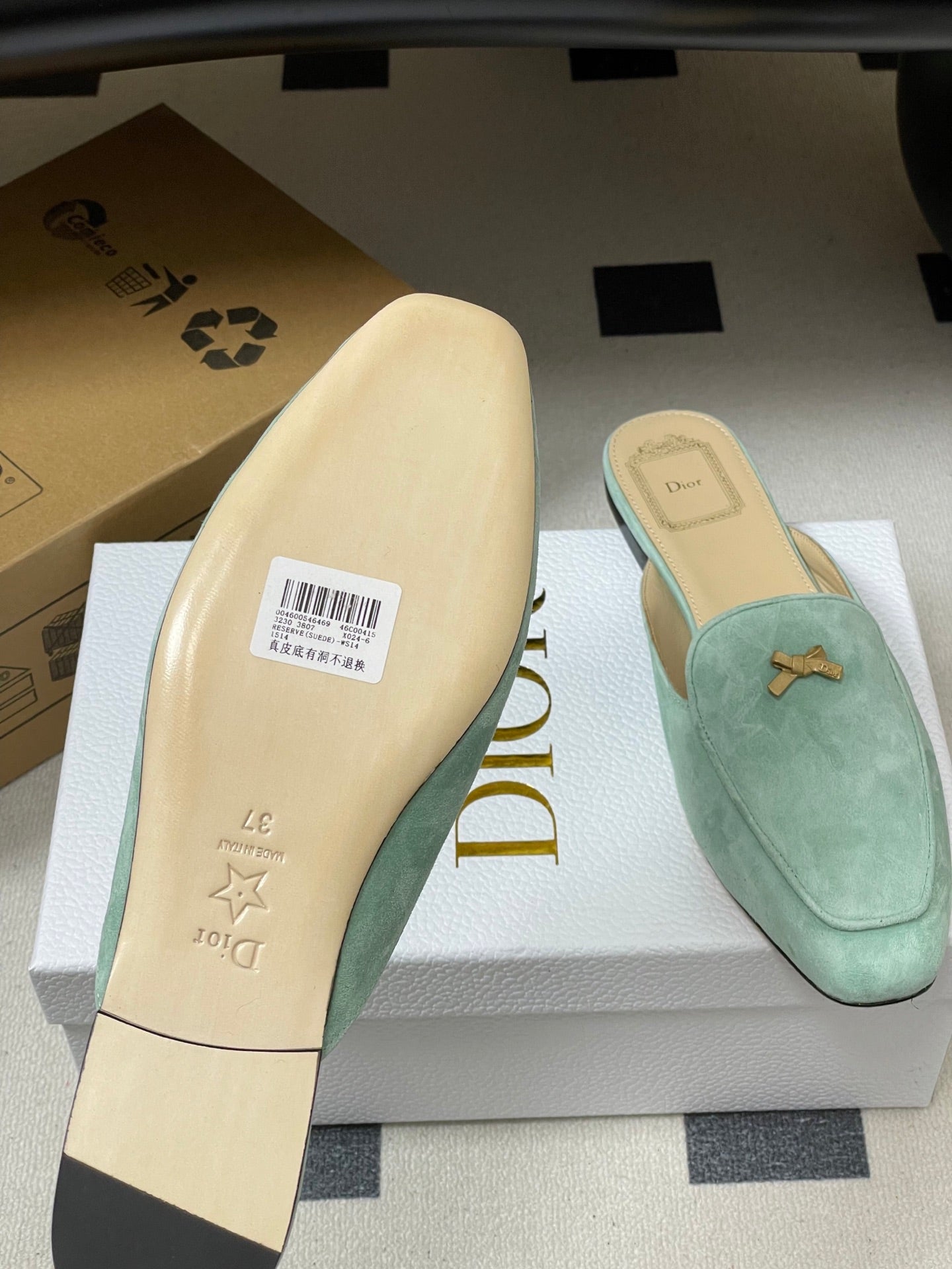 CD 26 Baby Bow Flat Mule Pistachio Green Cowhide Sheepskin Suede 632592