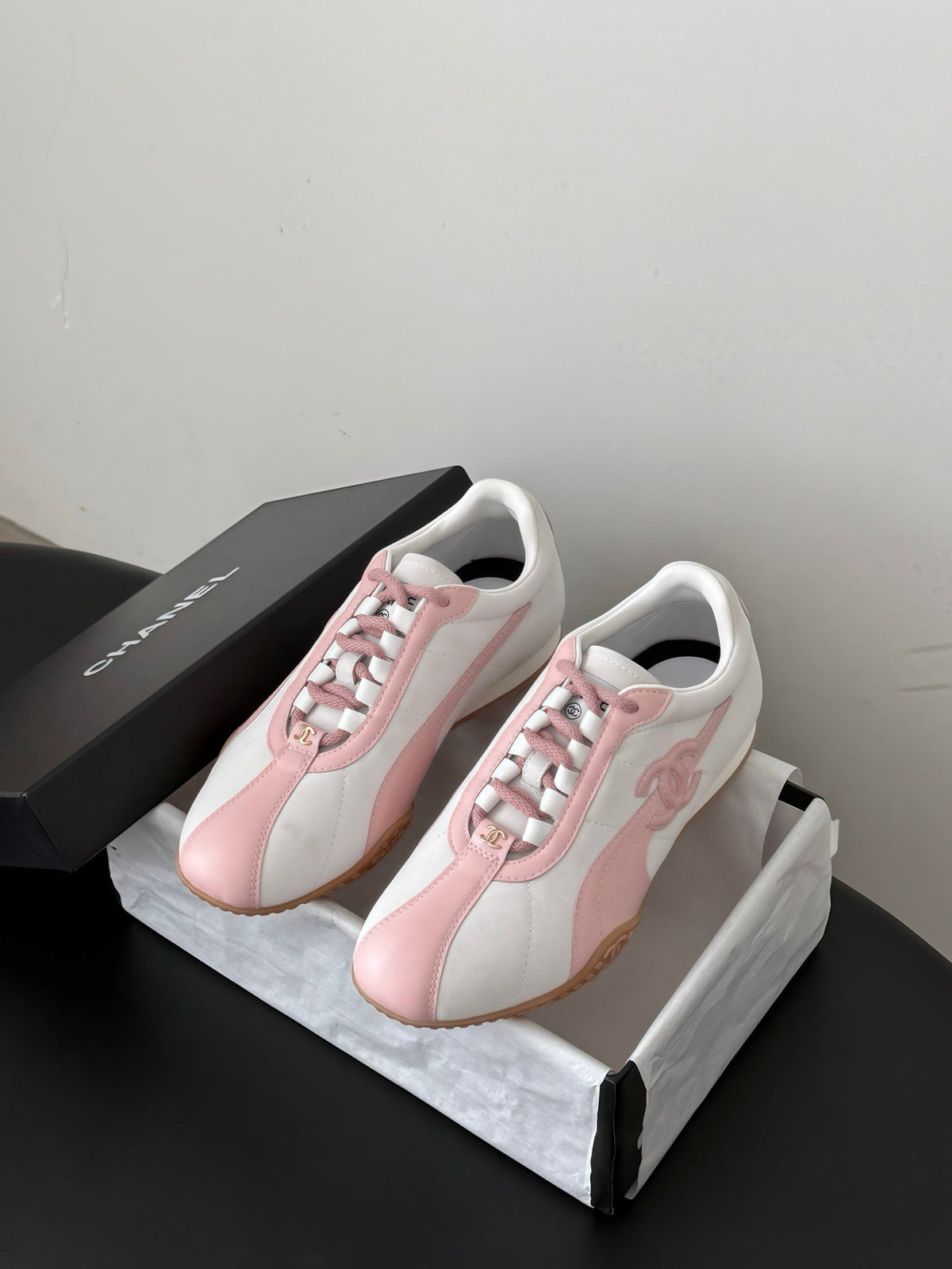 CC 26s Low-Top Retro Runner Sneakers Ivory Pink Suede Calfskin 969581