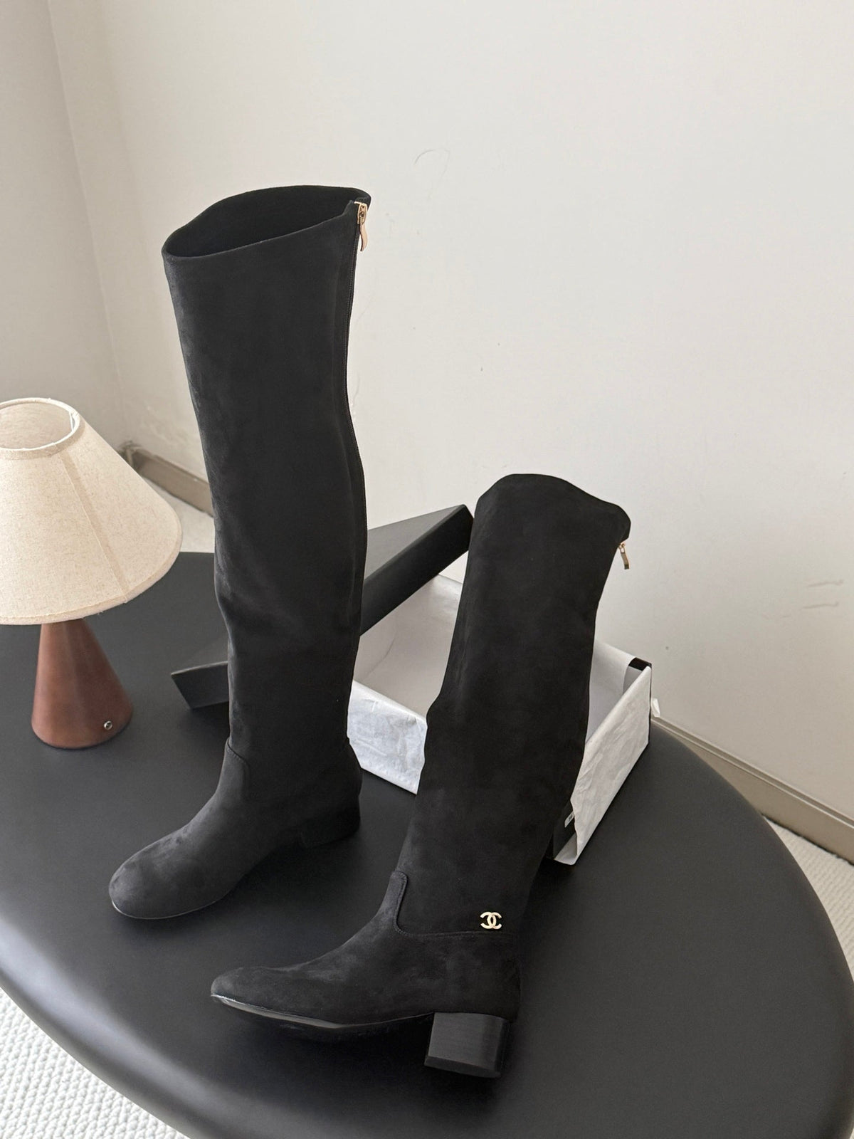 CC 26s Chunky Heel Elastic Boots 5cm Black Suede 969720
