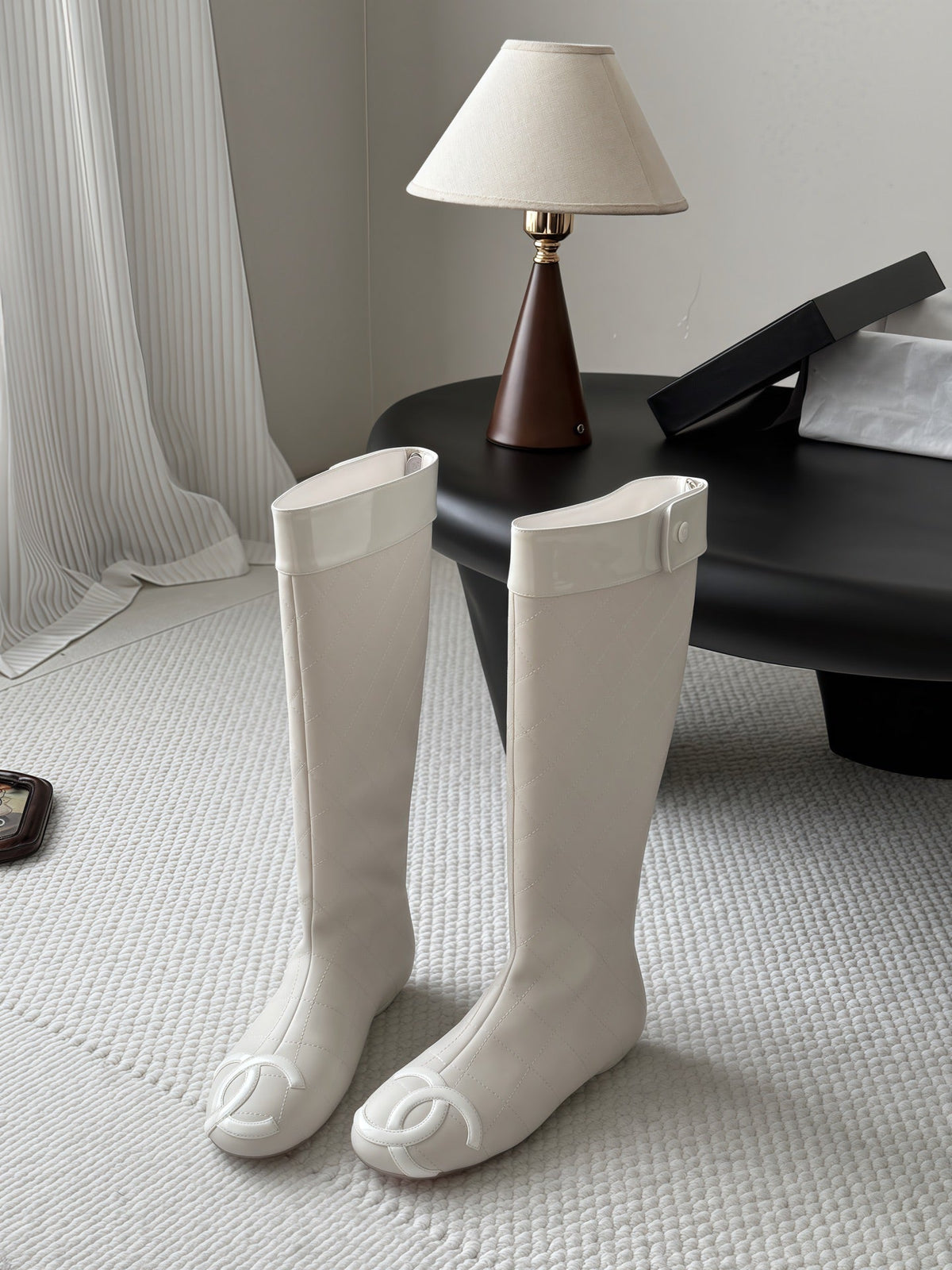 CC 26s Cambon Quilted Tall Flat Boots Ivory White Calfskin 969725