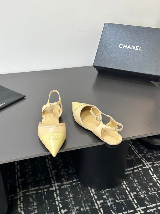 Chanel 26S Flat Pointed-Toe Slingbacks In Beige And Pastel Yellow Lambskin