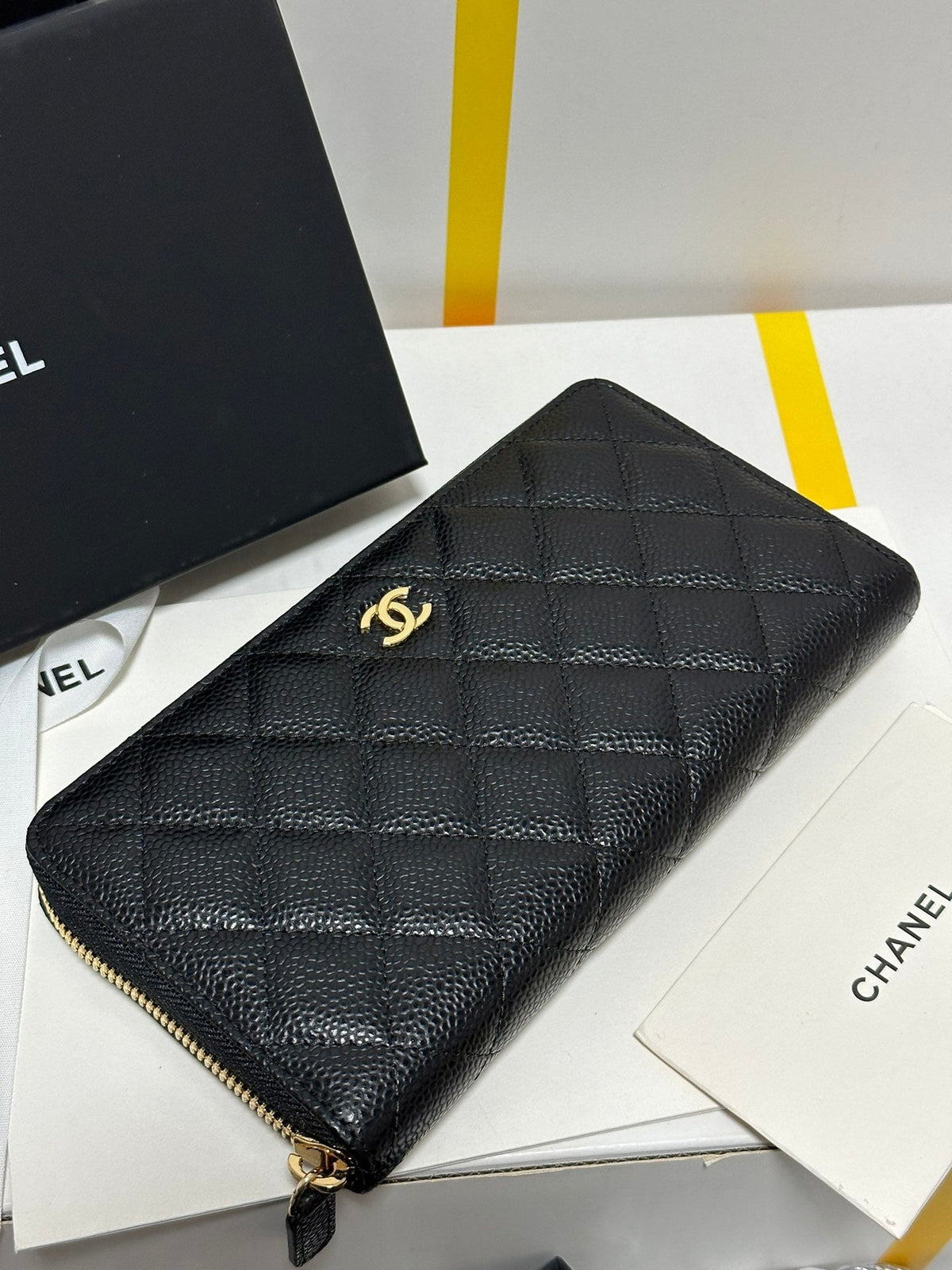 CC Long Zipped Wallet Black Quilted Caviar Gold Buckle 243681