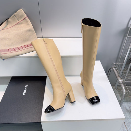 CC 26s Cap-Toe Knee-High Boots 8.5cm Beige Stretch Lambskin 966847